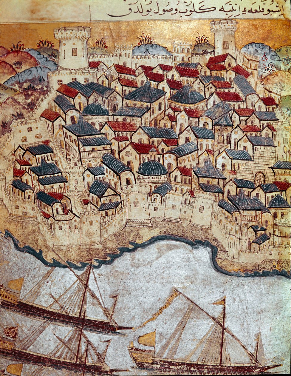 Ottomaanien valtakunta: Solimanin (Suleymanin) valloittama linnoitettu kaupunki Tonavan rannalla Sanoin upean (1520-1566) hänen marssissaan Budapestiin ja Wieniin (1526-1529). 1500-luvun miniatyyri. Topkapi Sarayi Istanbul tekijältä Ottoman School