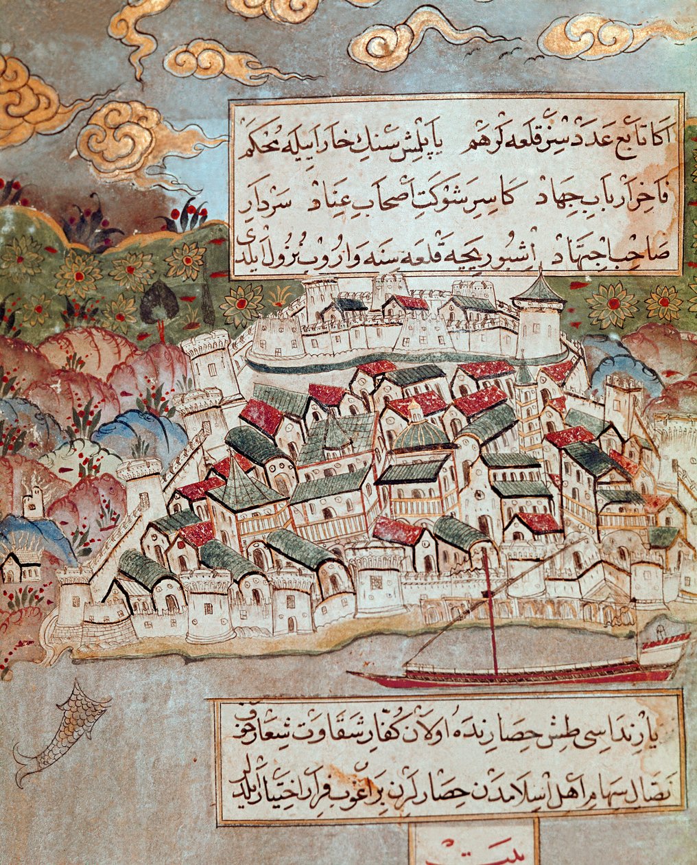 Ottomaanien valtakunta: Solimanin (Suleymanin) valloittama linnoitettu kaupunki Tonavan rannalla Sanoin upean (1520-1566) hänen marssissaan Budapestiin ja Wieniin (1526-1529). 1500-luvun miniatyyri. Topkapi Sarayi Istanbul tekijältä Ottoman School
