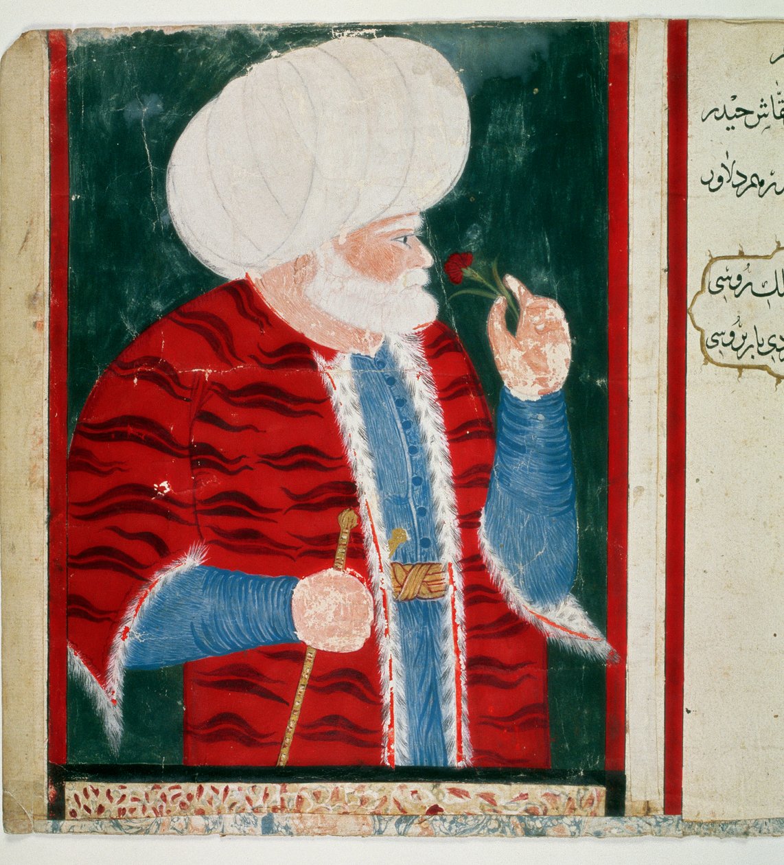 Barberosen muotokuva (Khizir Khayr ad-din (Barbaros Hozor Hayreddin Pasha tai Pasa tai Chair ad Din, Chaireddin tai Cheireddin) (1466-1546) Ottomaanien valtakunnan suuramiraali merirosvouran jälkeen Miniatyyri käsikirjoituksesta Ms. H. 2134 tekijältä Ottoman School