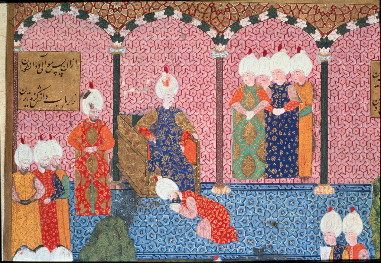 Soliman (Suleyman) I the Magnificent (1494-1566) muotokuva, sulttaani Ottomaan ympäröi hoviansa valtaistuimen yksityiskohtaan liittymisseremoniassa. Miniatyyri otettu 