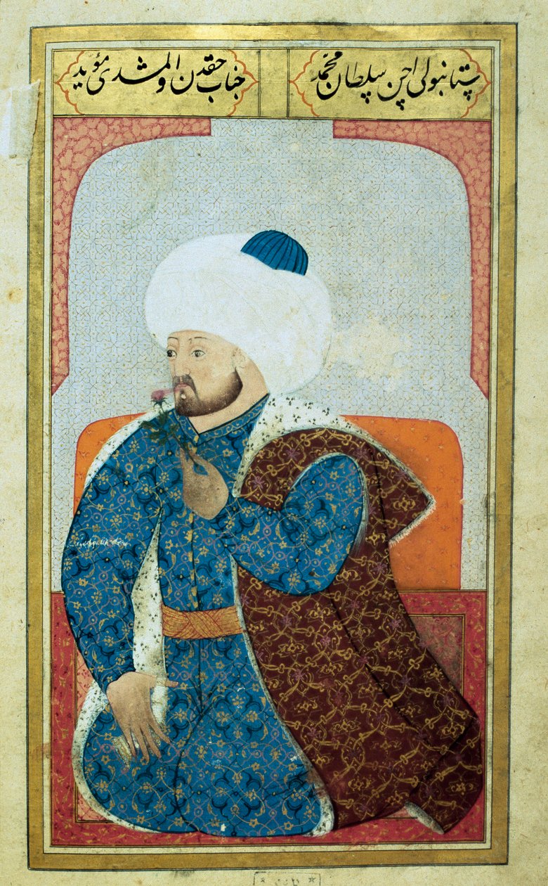 Ottomaanien valtakunnan sulttaani Mehet II (Mehmet II Valloittaja tai Mehmed II Fatih) (1430-1481) Miniatyyri Seyyid Lokman Husseinin käsikirjoituksesta "Ihmisen fysiognomia (Ottoman ottomaanien henkilökohtaisista asenteista). (Ms. ty6087 folio tekijältä Ottoman School