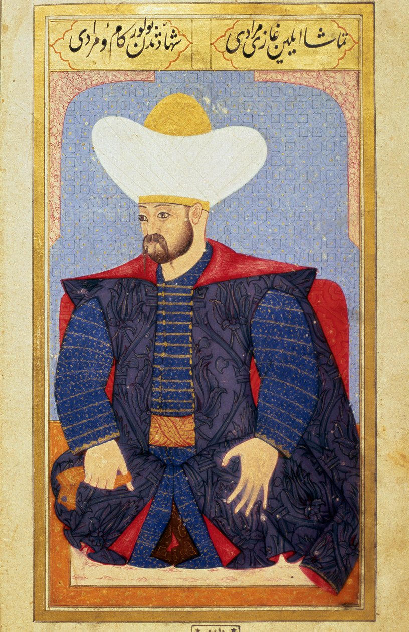 Ottomaanien valtakunnan sulttaani Murad I:n (1326-1389) muotokuva Seyyid Lokman Husseinin käsikirjoituksesta "Ihmisen fysiognomia (Ottoman ottomaanien henkilökohtaisista järjestelyistä). (Ms. ty6087 folio 27b) tekijältä Ottoman School