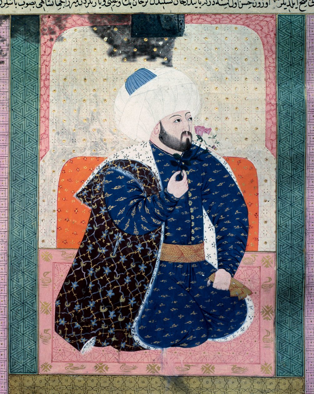 Ottomaanien valtakunnan sulttaani Mehet II (Mehmet II Valloittaja tai Mehmed II Fatih) (1430-1481) Miniatyyri käsikirjoituksesta (Ms. 1973, folio 62a) "Zubdatat-al Tawarikh" (Zubdat al-Tawarikh) ( Creme of Stories), historioitsija Seyyid Loqman As tekijältä Ottoman School