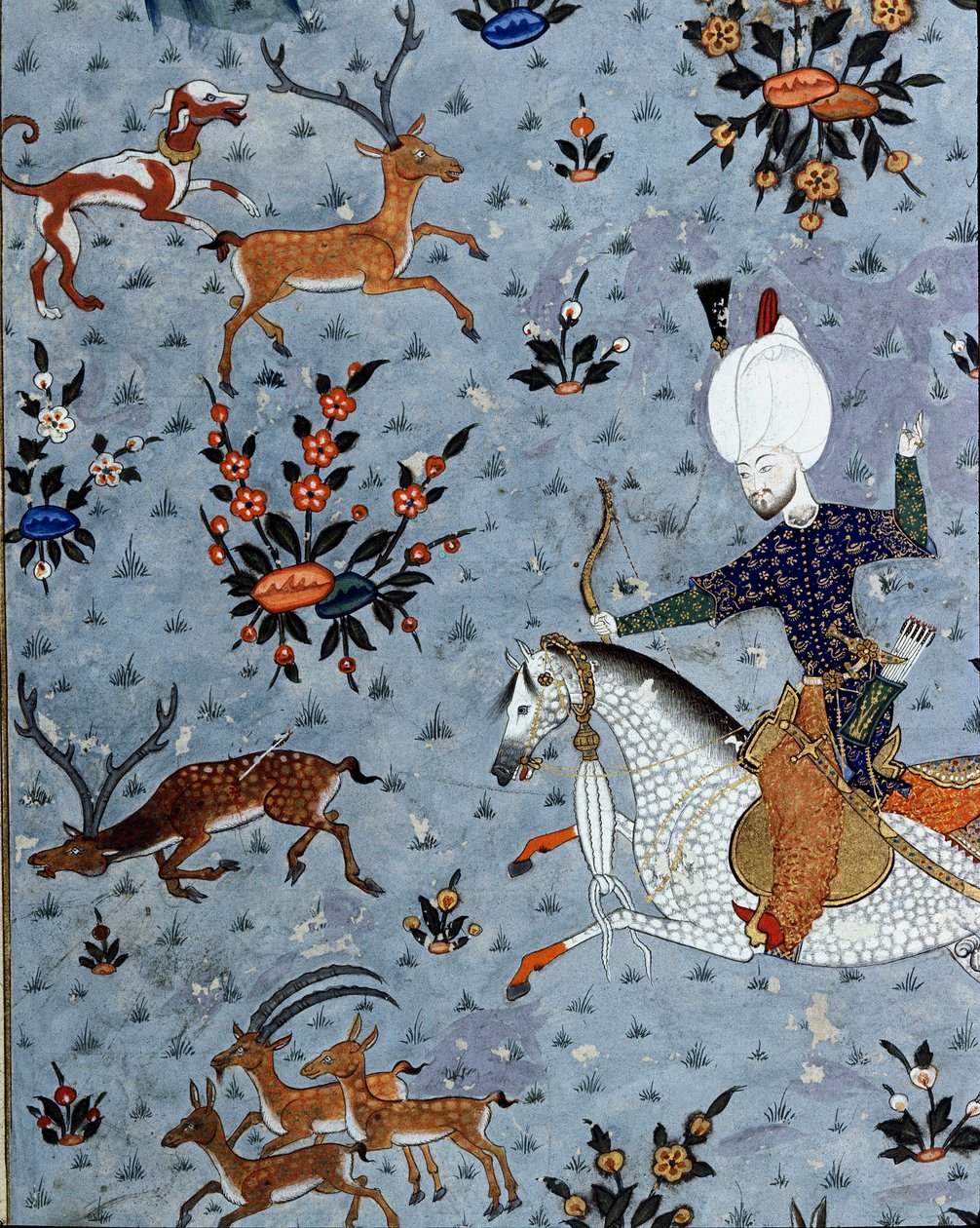 Edustus sulttaani Murad II:n (Murat) (1404-1451) hoviherroista metsästämässä peuroja Yksityiskohta. 1600-luvun miniatyyri. Istanbul, Topkapi Sarayi -museon kirjasto tekijältä Ottoman School