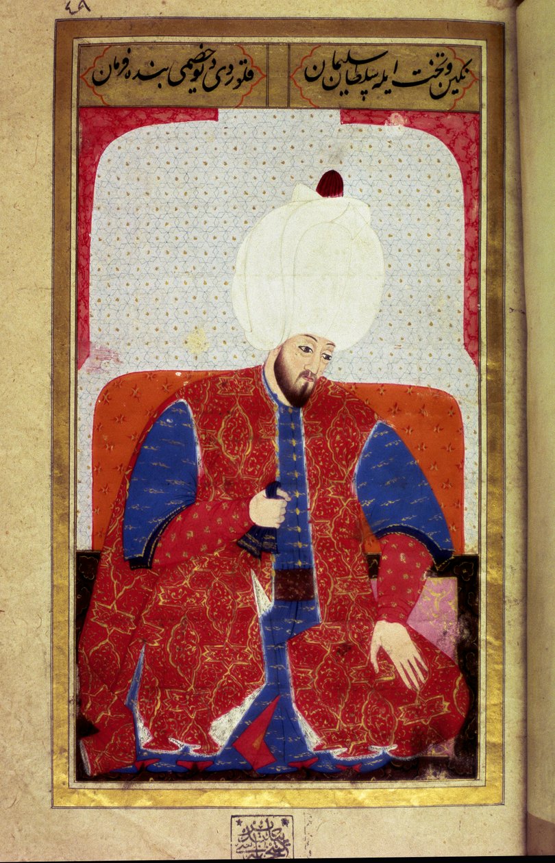 Soliman (Suleyman) I the Magnificent (1494-1566), sulttaani ottomaanien miniatyyri Seyyid Lokman Husseinin käsikirjoituksesta "" Human Physiognomy (Ottomanin henkilökohtaisista järjestelyistä). (Ms. ty6087 folio 27b) tekijältä Ottoman School