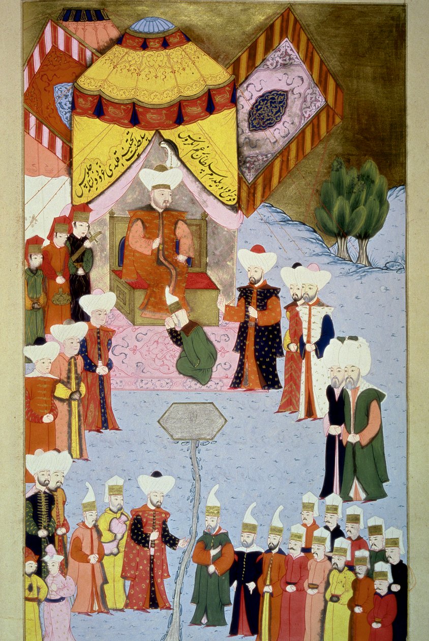 Sulttaani Bayezid (tai Bajazet) I (1360-n. 1402) omaa pienoishovinsa Lokmanin Hunernamesta, vol. 1 (H 1523, f.7) 1584 Topkapi Sarayi Museum Library Istanbul tekijältä Ottoman School