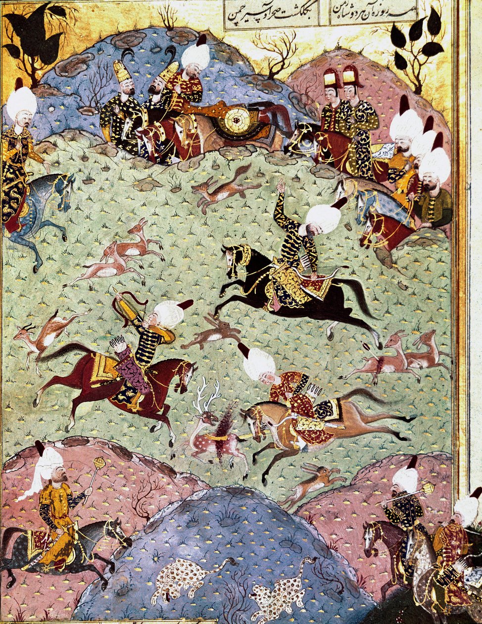 Ottomaanien keisari Soliman (Suleyman) I Upea (1494-1566) metsästämässä pienoismallia Arifin (ms. H.1517) "Suleymannamesta" 1558. Topkapi Sarayi Istanbul tekijältä Ottoman School
