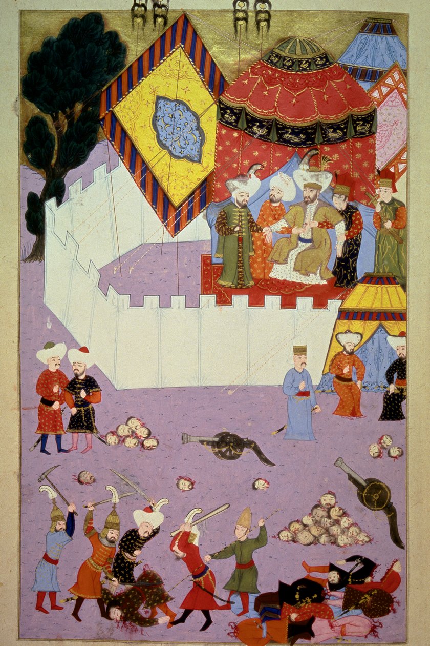 Sulttaani Murad I:n (1326-1389) salamurha serbialaisen ritari Milos Obilic (Kobilic tai Kobilovic) (kuoli 1389) toimesta Kosovon taistelussa sen jälkeen, kun ottomaanit voittivat serbien pienoismallin Lokmanin "Hunername", voi. 1 (H 1523, f.7) 1584 To tekijältä Ottoman School