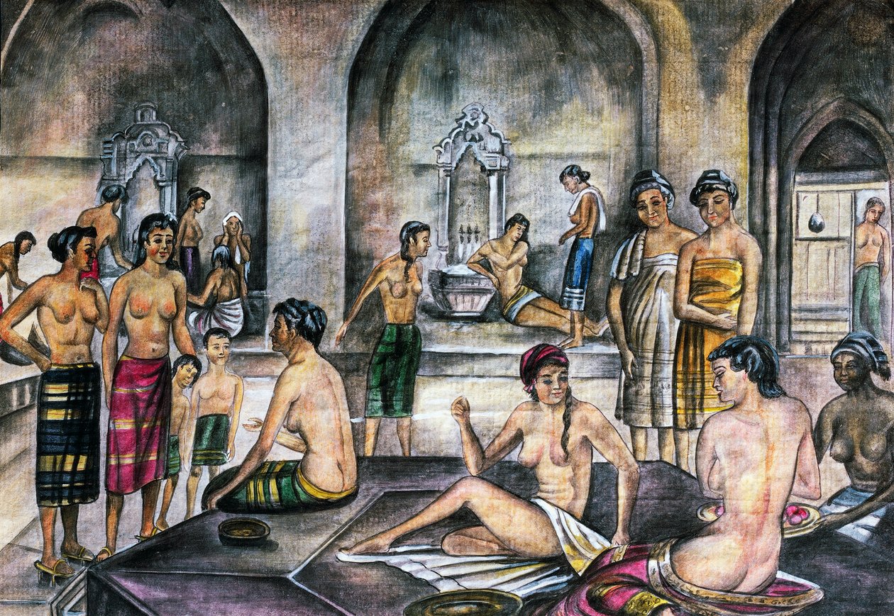 Turkkilainen sauna, akvarelli, ottomaanien sivilisaatio tekijältä Ottoman School