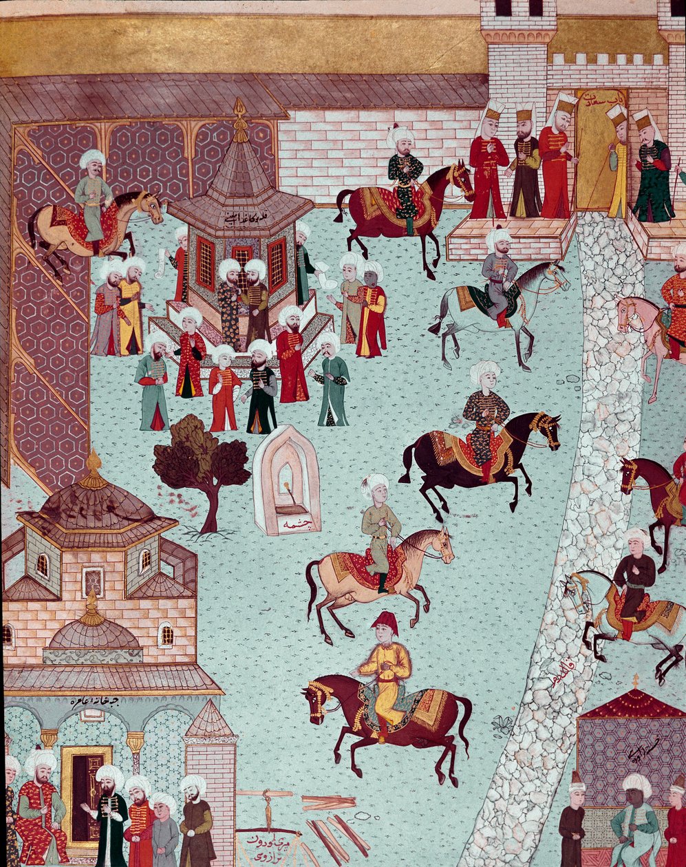 Näkymä Pyhän Irenen (Saint Irene) kirkolle, Serail-portille ja Konstantinopolin sulttaanien palatsille Miniatyyri 1600-luvulta. Topkapi Sarayi Istanbul tekijältä Ottoman School