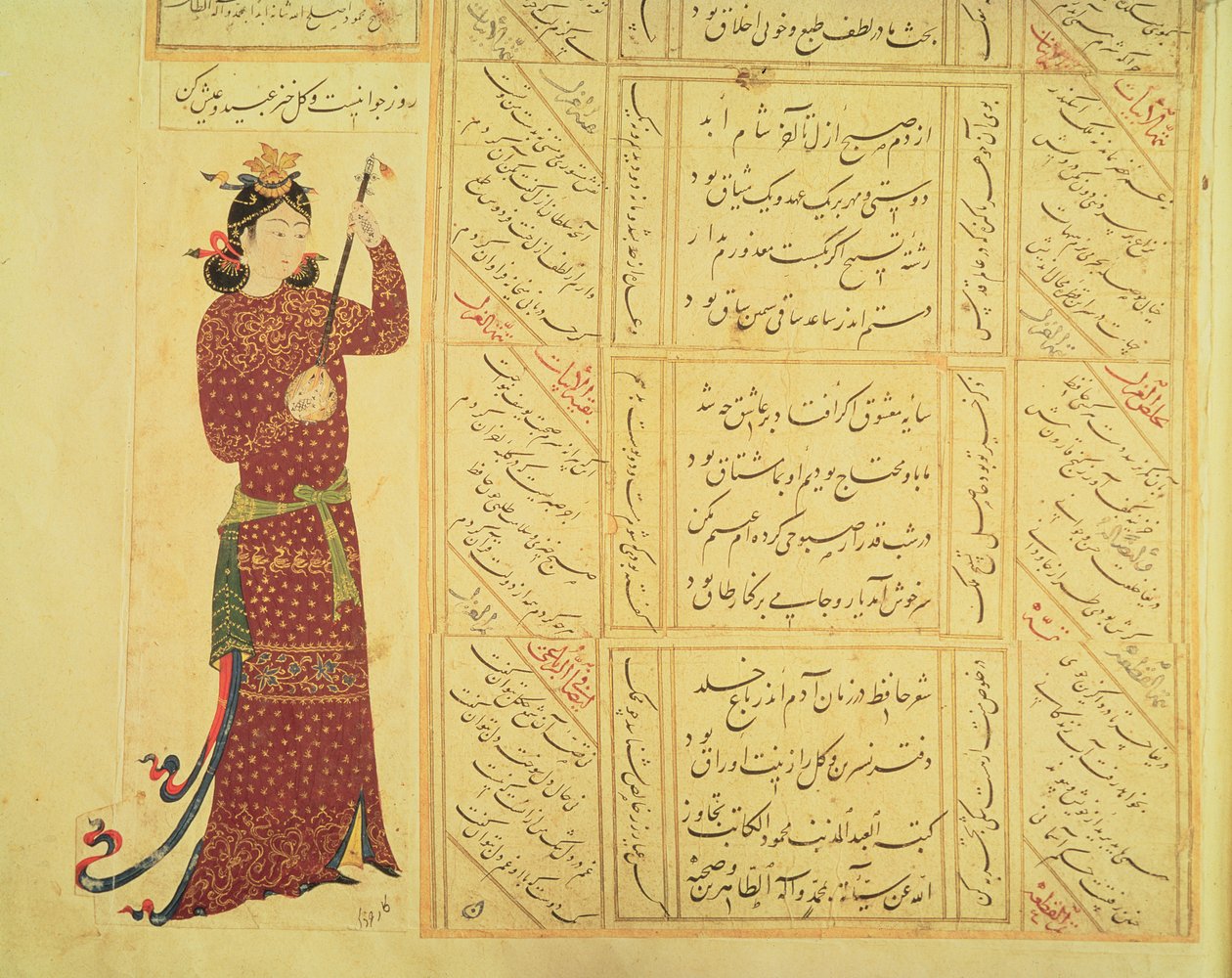 Nainen soittamassa rebabia ja kalligrafiaa (läpinäkymätön wc paperilla) tekijältä Ottoman School