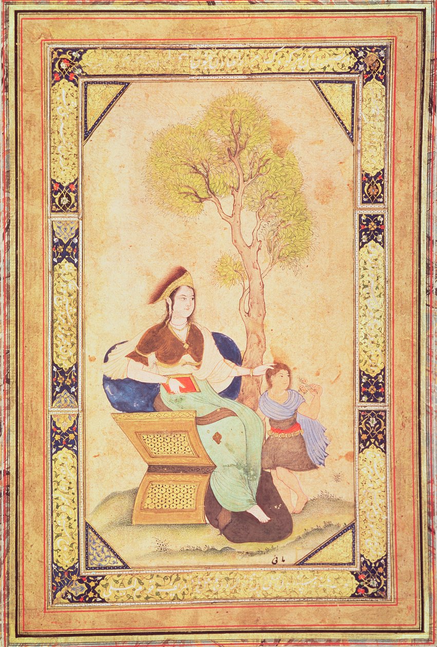 Nainen istuu nuoren tytön kanssa puutarhassa, Album de pieces calligraphie et de miniatures (miniatyyri) tekijältä Ottoman School