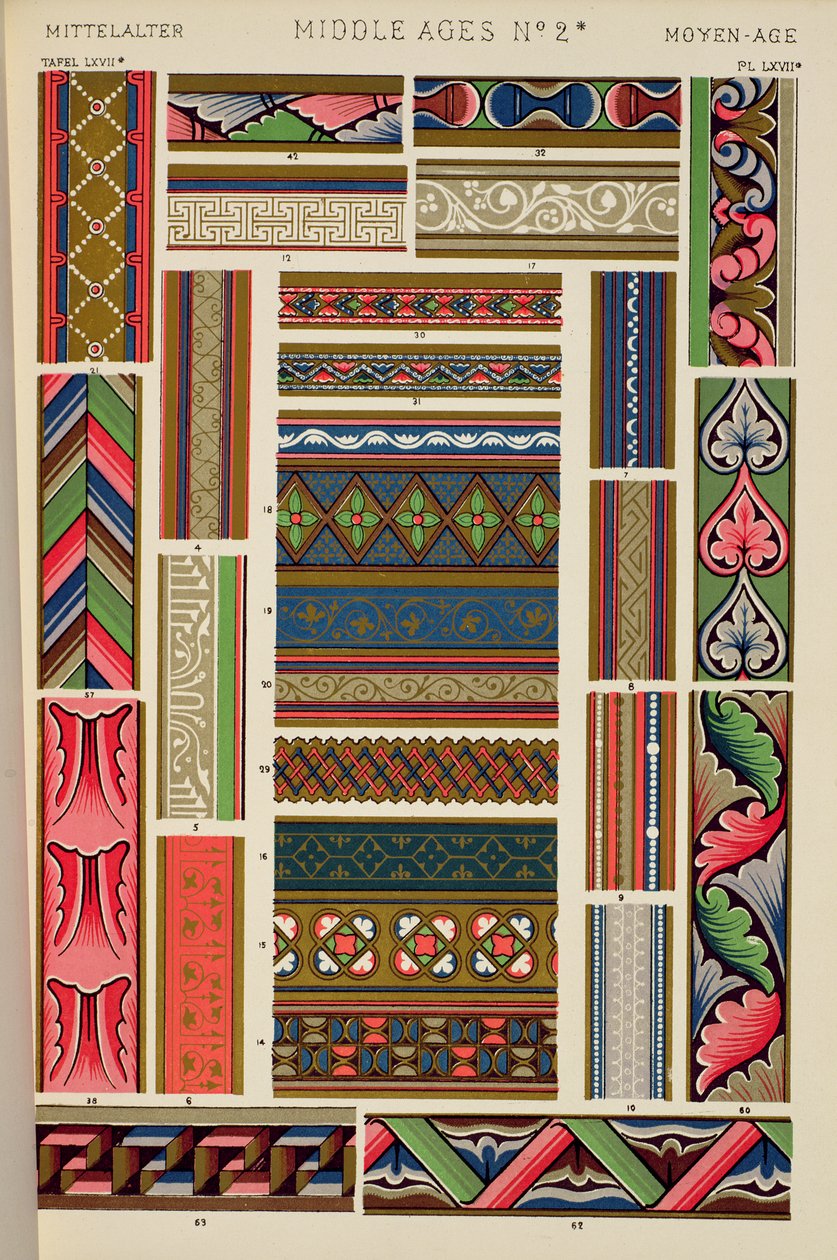Kokoelma reunuksia valaistuista käsikirjoituksista 800-1300-luvulta, luku XVI, levy LXVII, julkaisusta Grammar of Ornament 1868 tekijältä Owen Jones