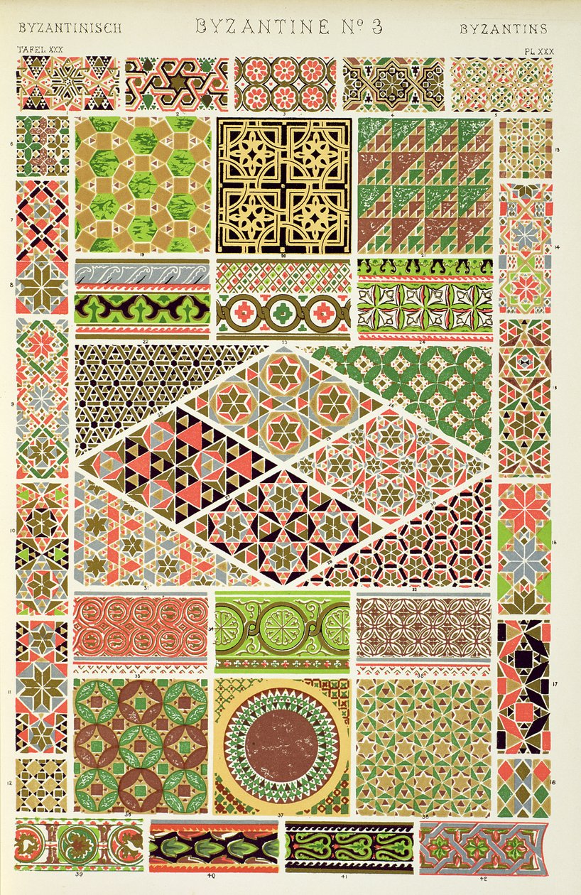 Valikoima roomalaisia mosaiikkeja ja marmoripäällysteitä, luku VII, levy XXX julkaisun Grammar of Ornament 1868 tekijältä Owen Jones