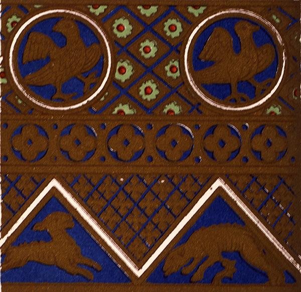 Bysanttilainen ornamentti emaloidusta arkista du Sommerardin "Les Arts du Moyen Ages" -julkaisusta, luku VII, levy XXIX julkaisusta "Grammar of Ornament" 1868 (värilitho) tekijältä Owen Jones