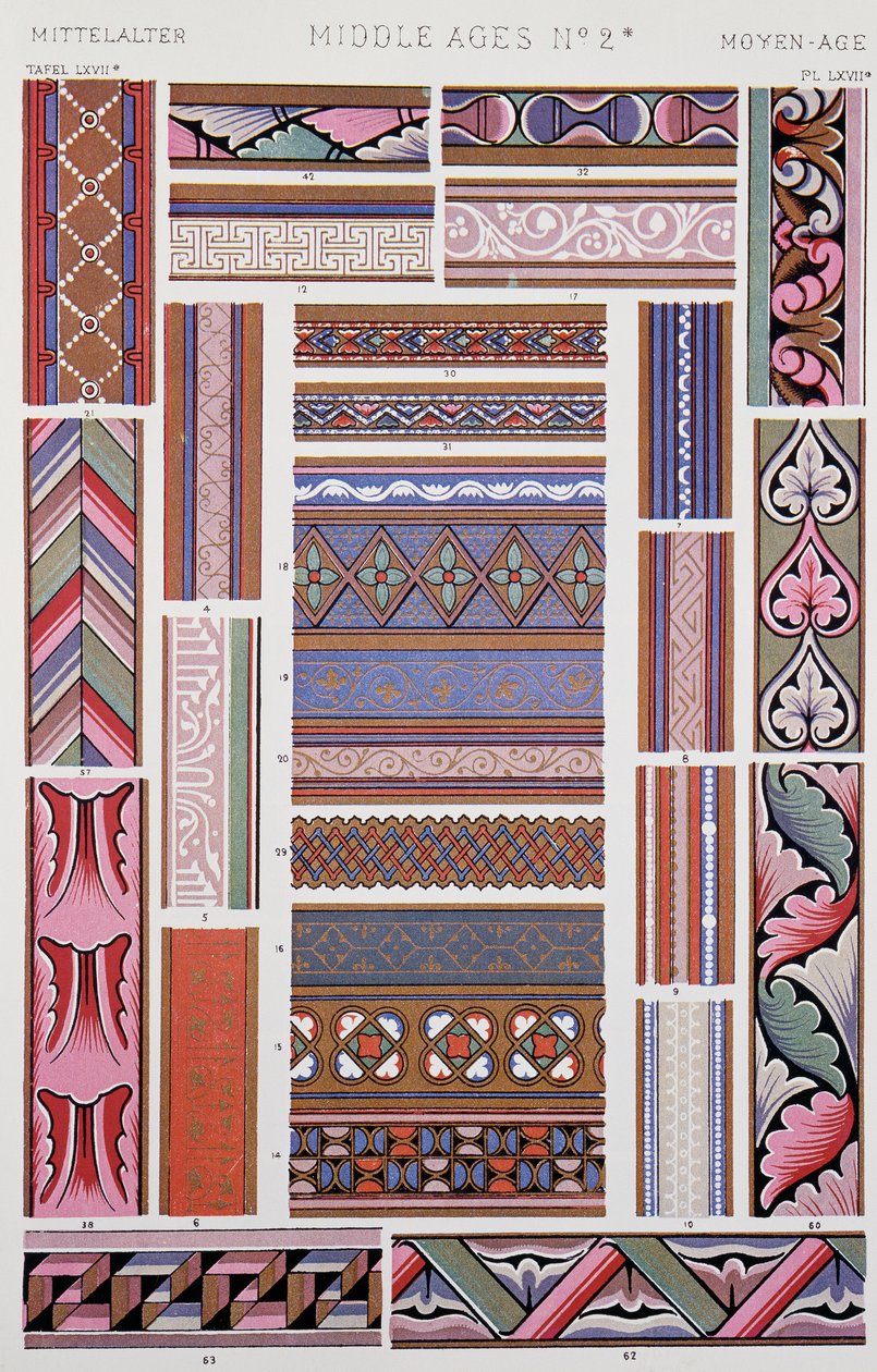 Keskiaikainen sisustus, levy LXVII kirjasta Grammar of Ornament, kirjoittanut Owen Jones (1809-1874), Lontoo tekijältä Owen Jones