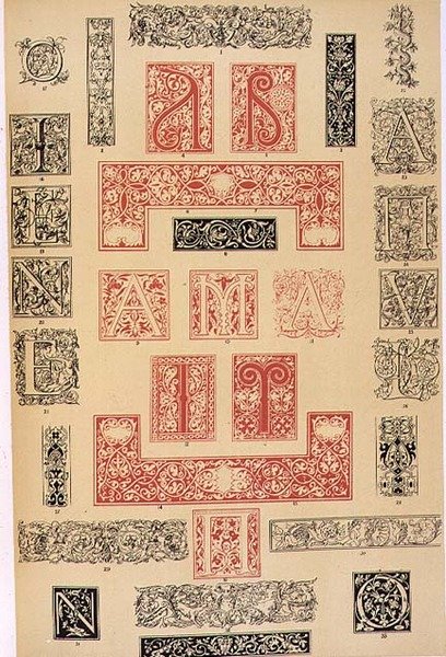 Typografisten koristeiden näytteet 1500-luvun Italiasta ja Ranskasta, julkaisijat Aldine, Giunta ja Stephan, luku XIX, levy XC, julkaisusta "Grammar of Ornament" 1868 (väri litho) tekijältä Owen Jones