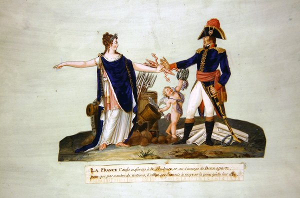 Ranska uskoo joukkonsa Prudencelle ja Bonaparten rohkeudelle. n. 1800 (guassi) tekijältä P. A. and J.B. Lesueur