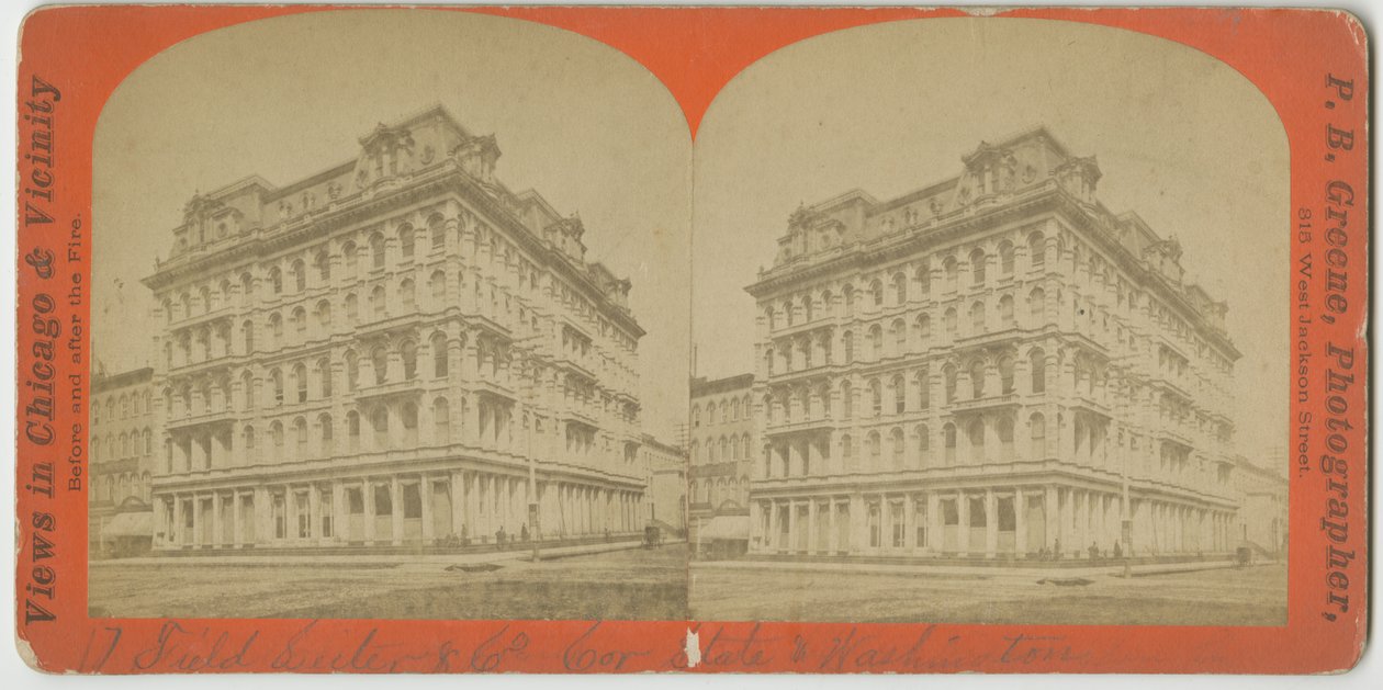 Field, Leiter & Companyn myymälä State and Washington Streetsin kulmassa Chicagossa, n. 1869 tekijältä P.B. Greene