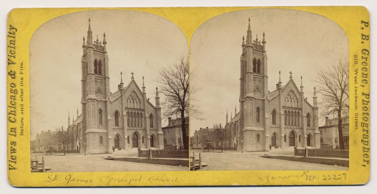 Stereografia St. James Episcopal Churchista ennen Chicagon paloa 1871, 1871 (bw-kuva korttitelineessä) tekijältä P.B. Greene