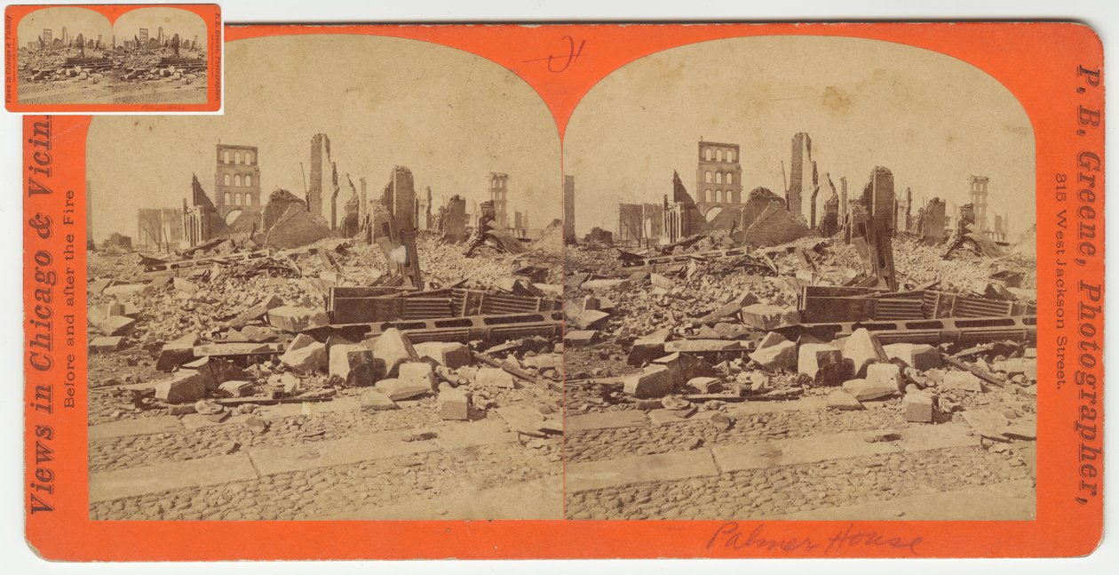 Stereografia Palmer Housesta Chicagon palon jälkeen 1871, 1871 (bw-kuva korttitelineessä) tekijältä P.B. Greene
