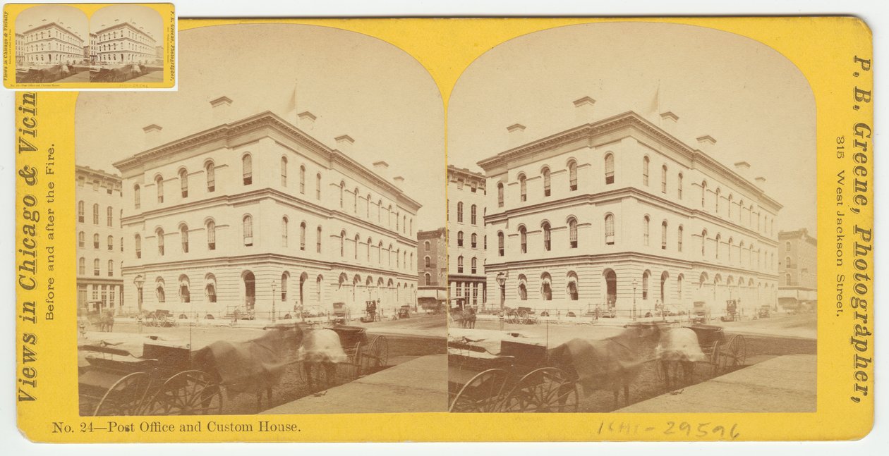 Stereografia postista ja tullitalosta ennen Chicagon paloa 1871, 1871 (bw-kuva korttitelineessä) tekijältä P.B. Greene