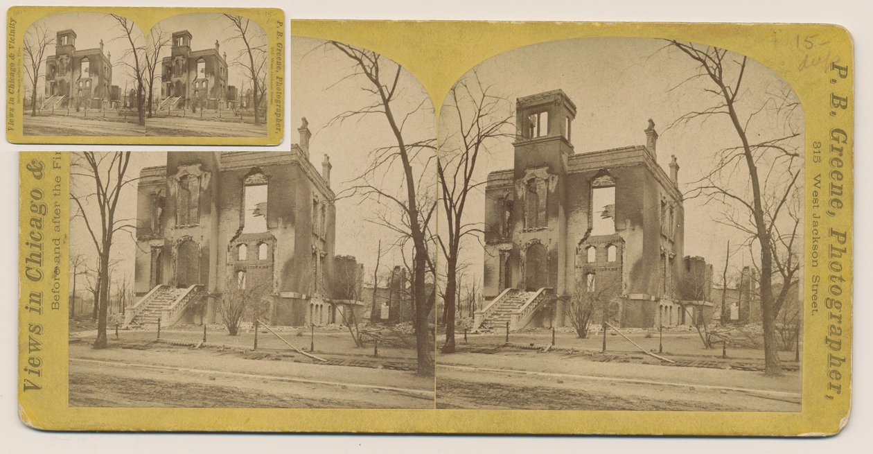 Stereografia Rumsey Housesta Chicagon palon jälkeen 1871, 1871 (bw-kuva korttitelineessä) tekijältä P.B. Greene
