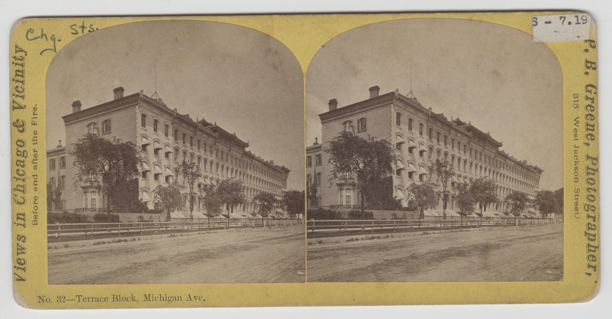 Stereografinäkymä Terrace Blockista Michigan Avenuella ennen Chicagon tulipaloa 1871 tekijältä P.B. Greene