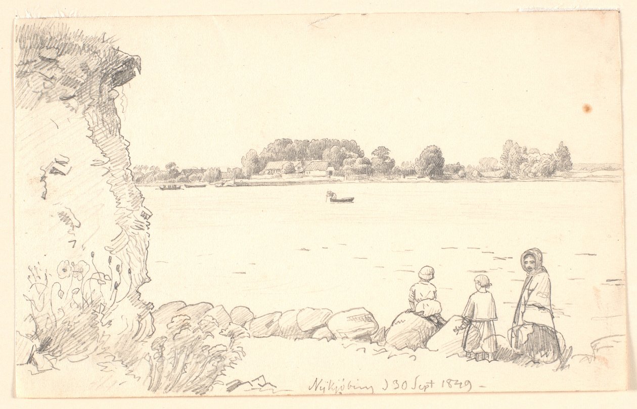 Nainen ja kaksi lasta Guldborgsundissa. Nykøbing Falster. tekijältä P.C. Skovgaard