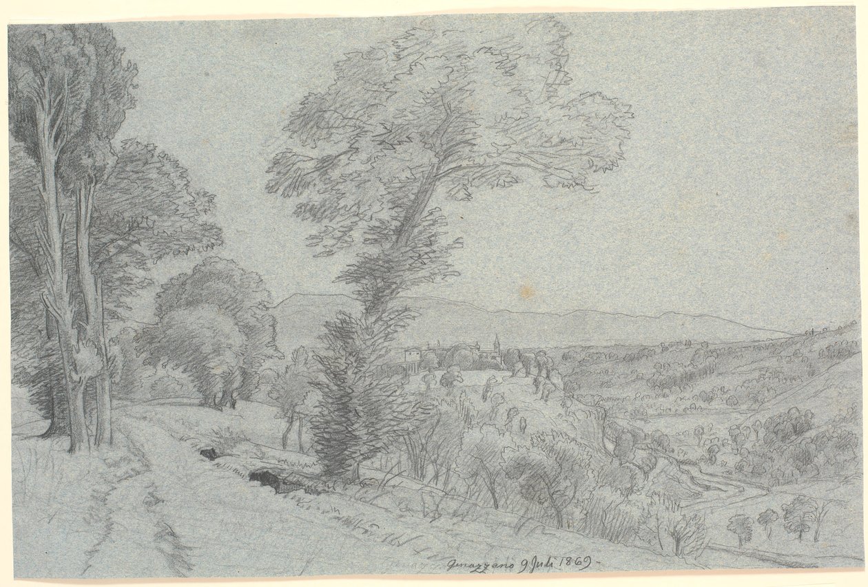 Italian vuoristomaisema näköalalla kohti "Genazzano 9 Juli 1869.". tekijältä P.C. Skovgaard