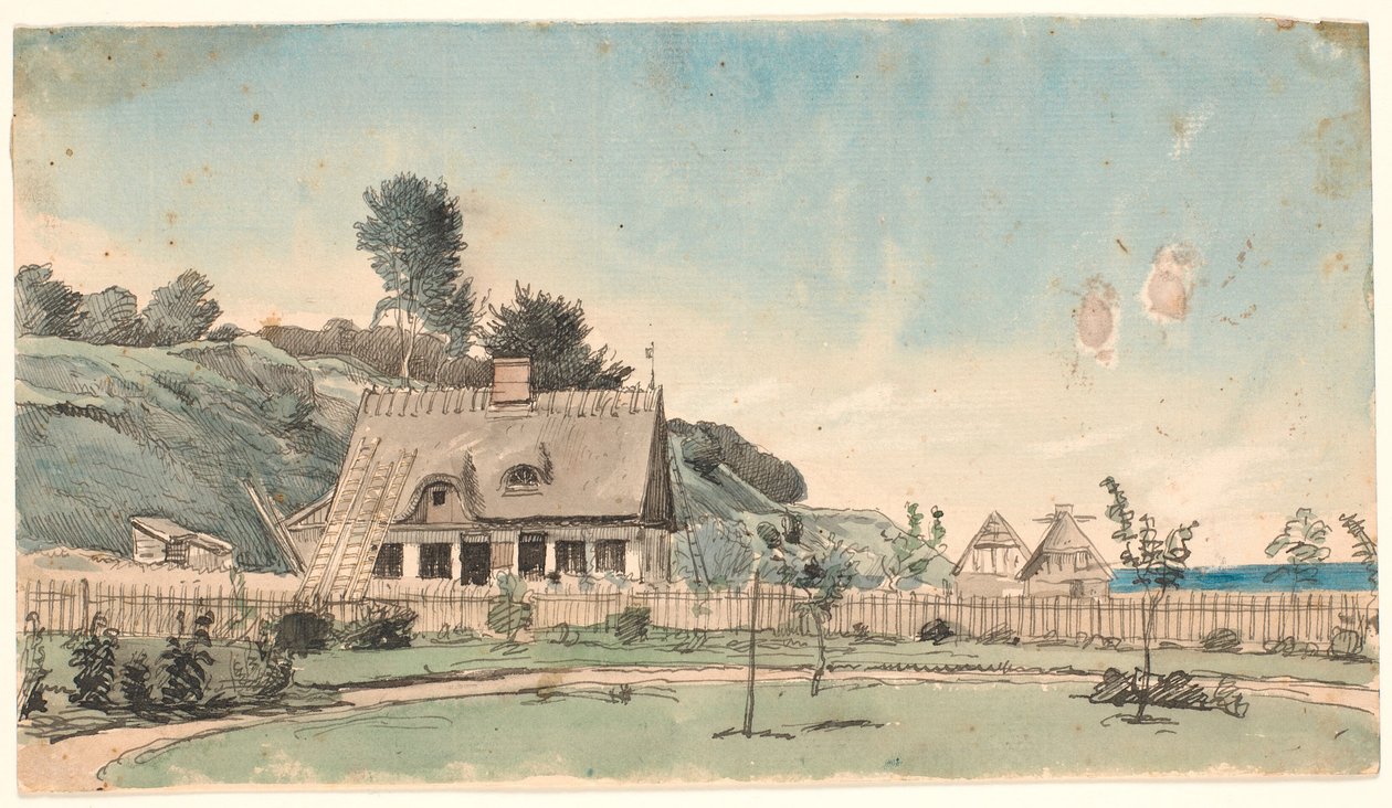 Rannikkomaisema olkikattoisilla taloilla. tekijältä P.C. Skovgaard