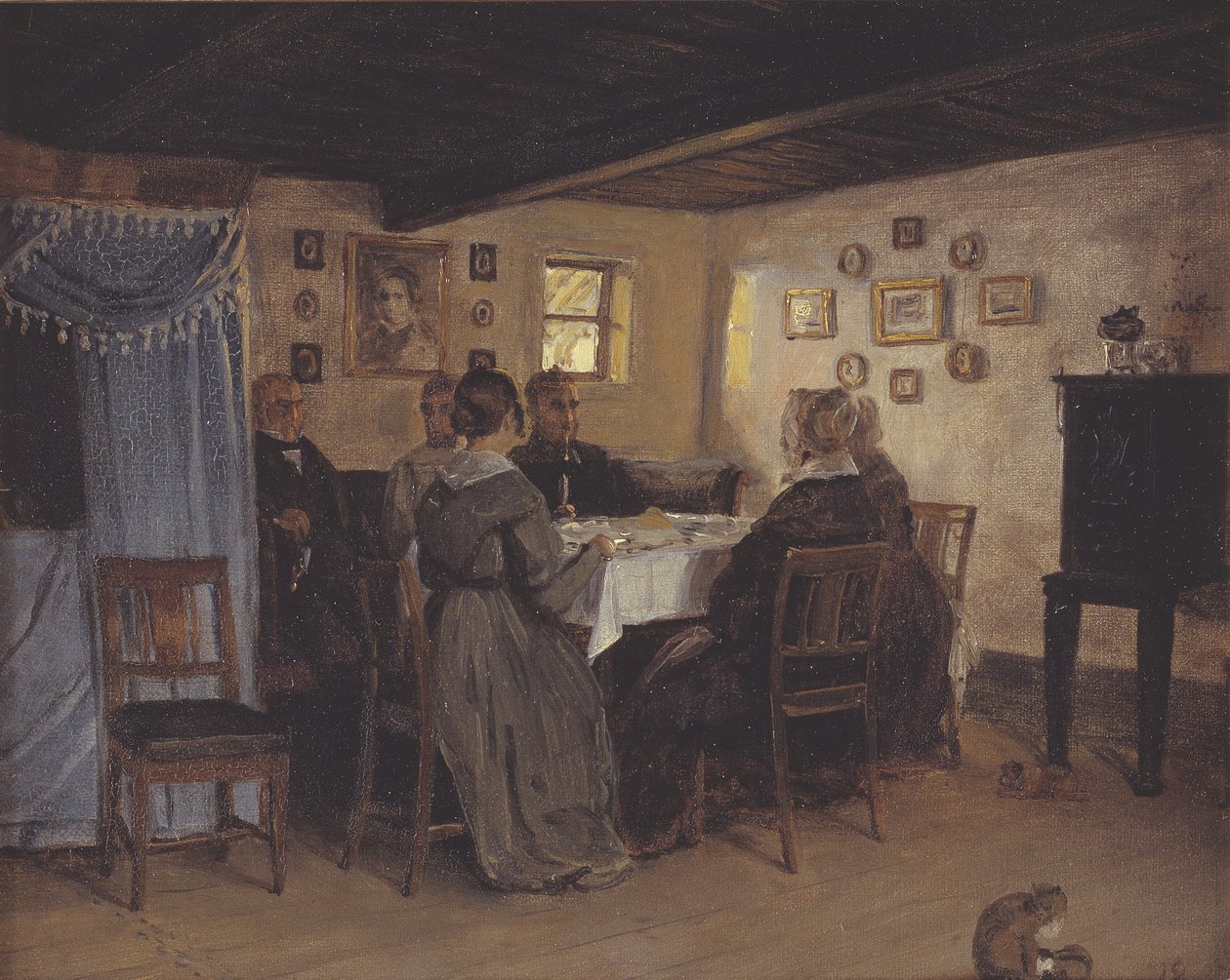 Taiteilijan ystävät ja perhe istuvat pöydän ympärillä. Vejby, Pohjois-Seelanti tekijältä P.C. Skovgaard