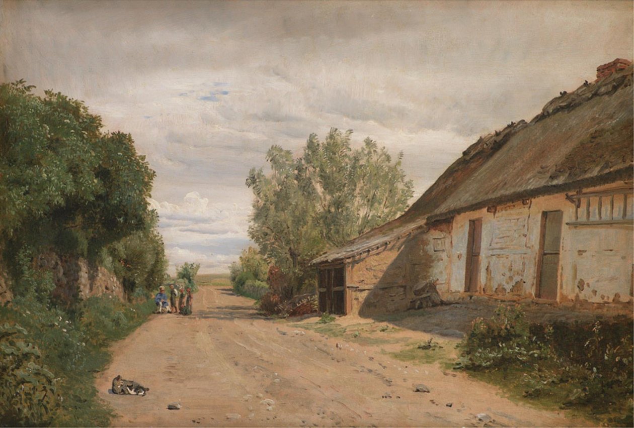 Vejbyn kylän laitamilla. Tien varrella maalari J.Th. Lundbyen luonnostelu tekijältä P.C. Skovgaard