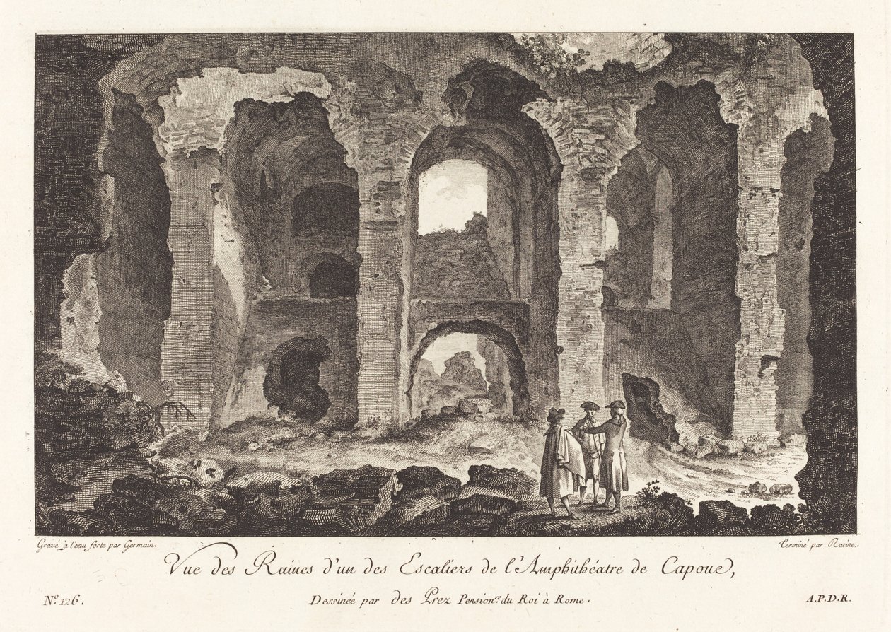 Näkymä raunioille yhdestä Capua-amfiteatterin portaista tekijältä P.F. Germain after Louis Jean Desprez
