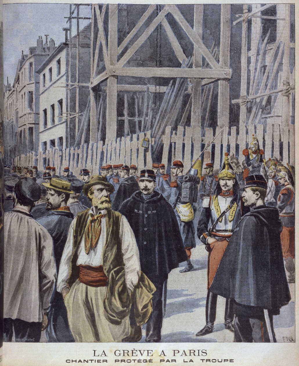 Lakko Pariisissa, armeijan suojelema rakennustyömaa, kuvitus "Le Petit Journal" -liitteen kuvituksesta, 23. lokakuuta 1898, kaiverrus Henri Meyer (1844-91) tekijältä P.H.G.V. Michel