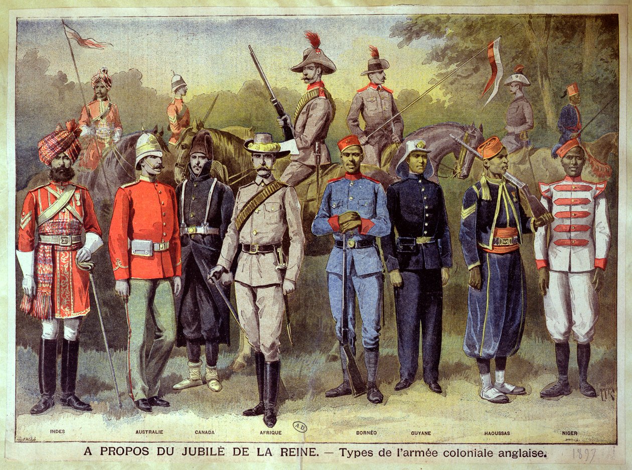 Englannin siirtomaa-armeijat univormuissaan kuningatar Victorian juhlavuoden kunniaksi, 21. kesäkuuta 1883, kuvitus Le Petit Journal -lehdestä, 1899. tekijältä P.H.G.V. Michel
