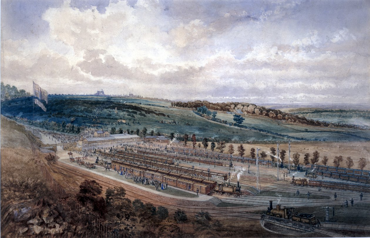 Epsom Station Derby Day, 1878 (wc paperilla) tekijältä P.R. Perry