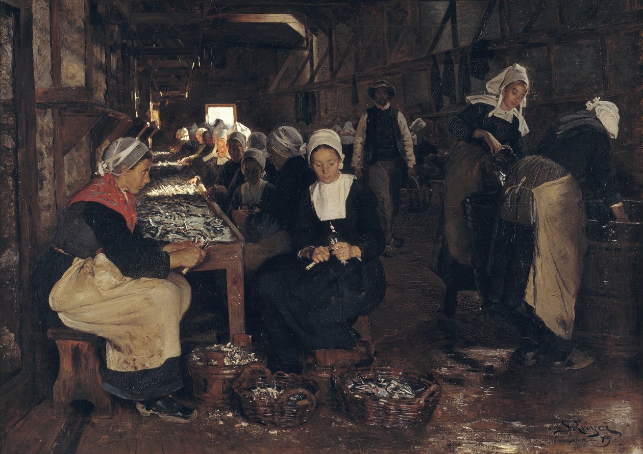 Sardiinien kuivatus- ja pakkauslaitos Concarneaussa tekijältä Peder Severin Krøyer
