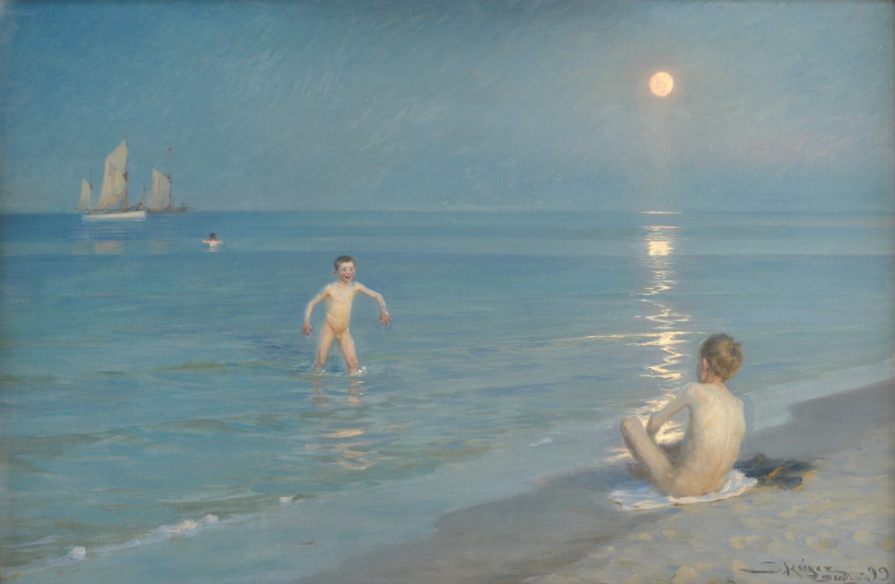 Pojat uimassa Skagenissa. Kesä Ilta tekijältä Peder Severin Krøyer