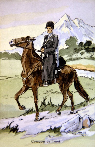 Postikortti, jossa on Terekin kasakka, noin 1914 (värilitografia). tekijältä P. (after) Dmitroff