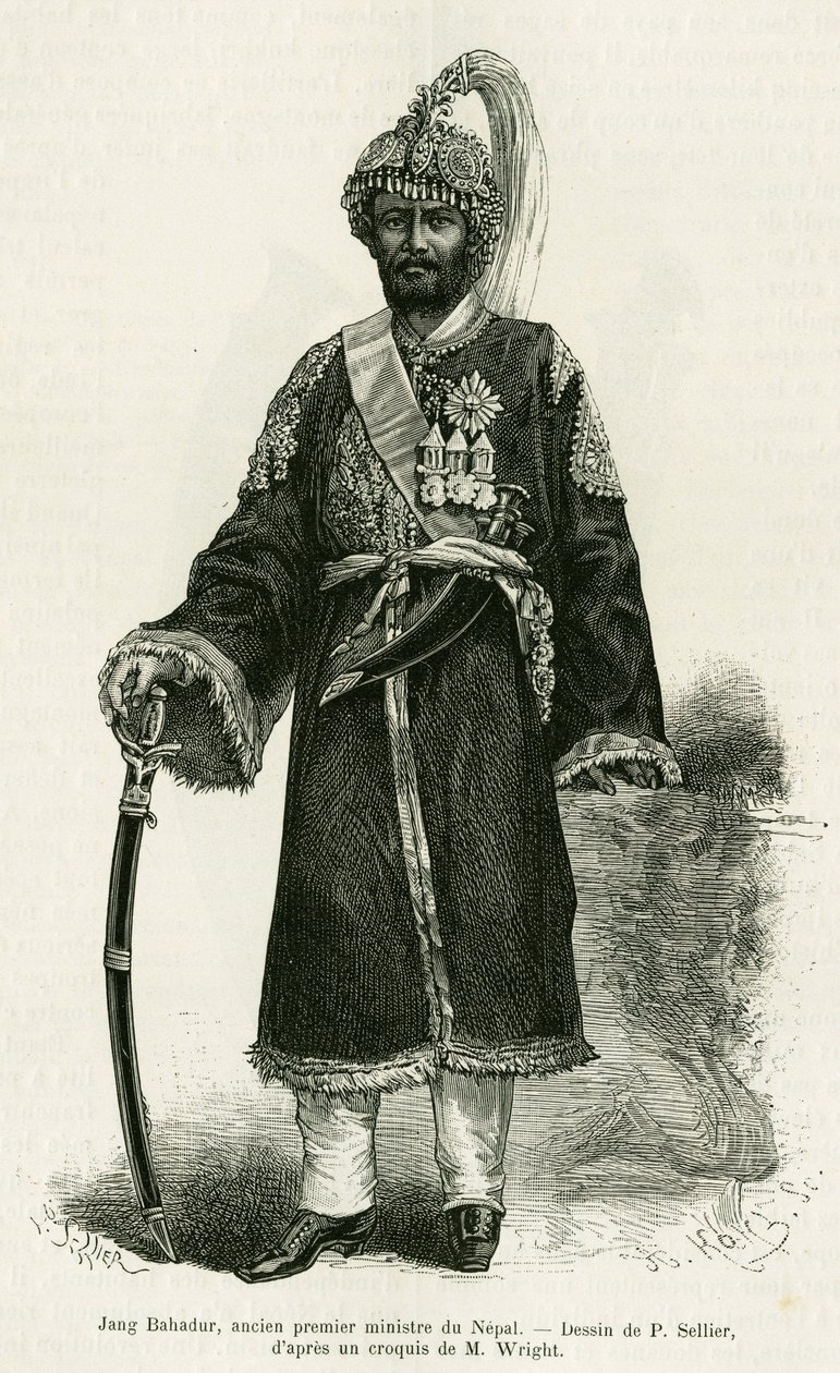Jang Bahadur (1816-1877), Nepalin pääministeri. P.Sellierin kaiverrus havainnollistamaan tarinaa Voyage au Nepal, tohtori Gustave Le Bon (1841-1931), in le tour du monde 1886, ohjannut Edouard Charton (1807-1890), Hachette, Pariisi. tekijältä P. (after) Sellier