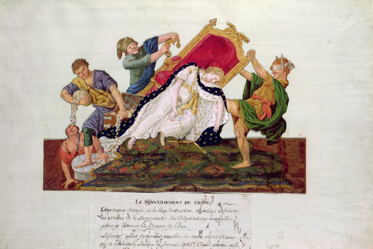 Allegoria valtaistuimen kaatumisesta Ranskassa Ranskan vallankumouksen aikana (guassi) tekijältä P. A. and J.B. Lesueur