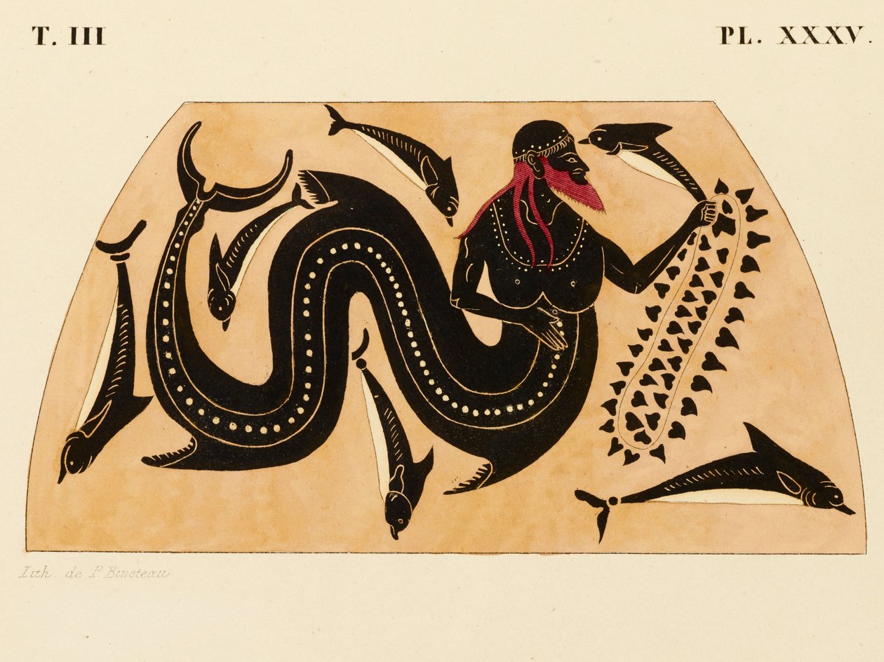 Painos koristeesta kreikkalaiselle amforalle, jossa Poseidon ja delfiinit, n. 1858 (akvarelli ja vartaloväri liton päällä kudottupaperille) tekijältä P. Bineteau