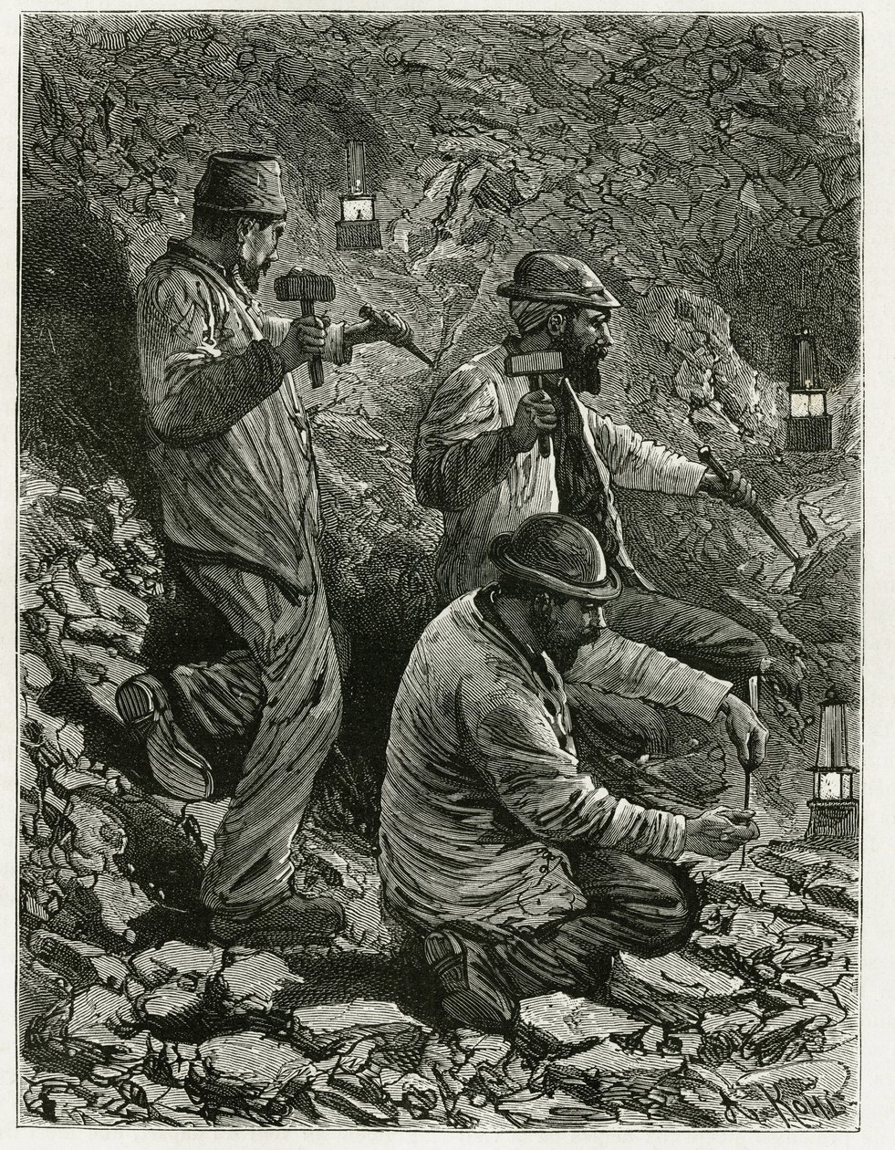 Kaivostyöläiset louhivat hiiltä suoneen. Feratin kaiverrus havainnollistamaan tarinaa "Belgia", Camille Lemonnierin (1844-1913) belgialainen kirjailija. Julkaistu Le Tour du monde, nouveau journal des voyages, 2. lukukausi 1884, toimittanut Edouard Charton tekijältä P. Ferat