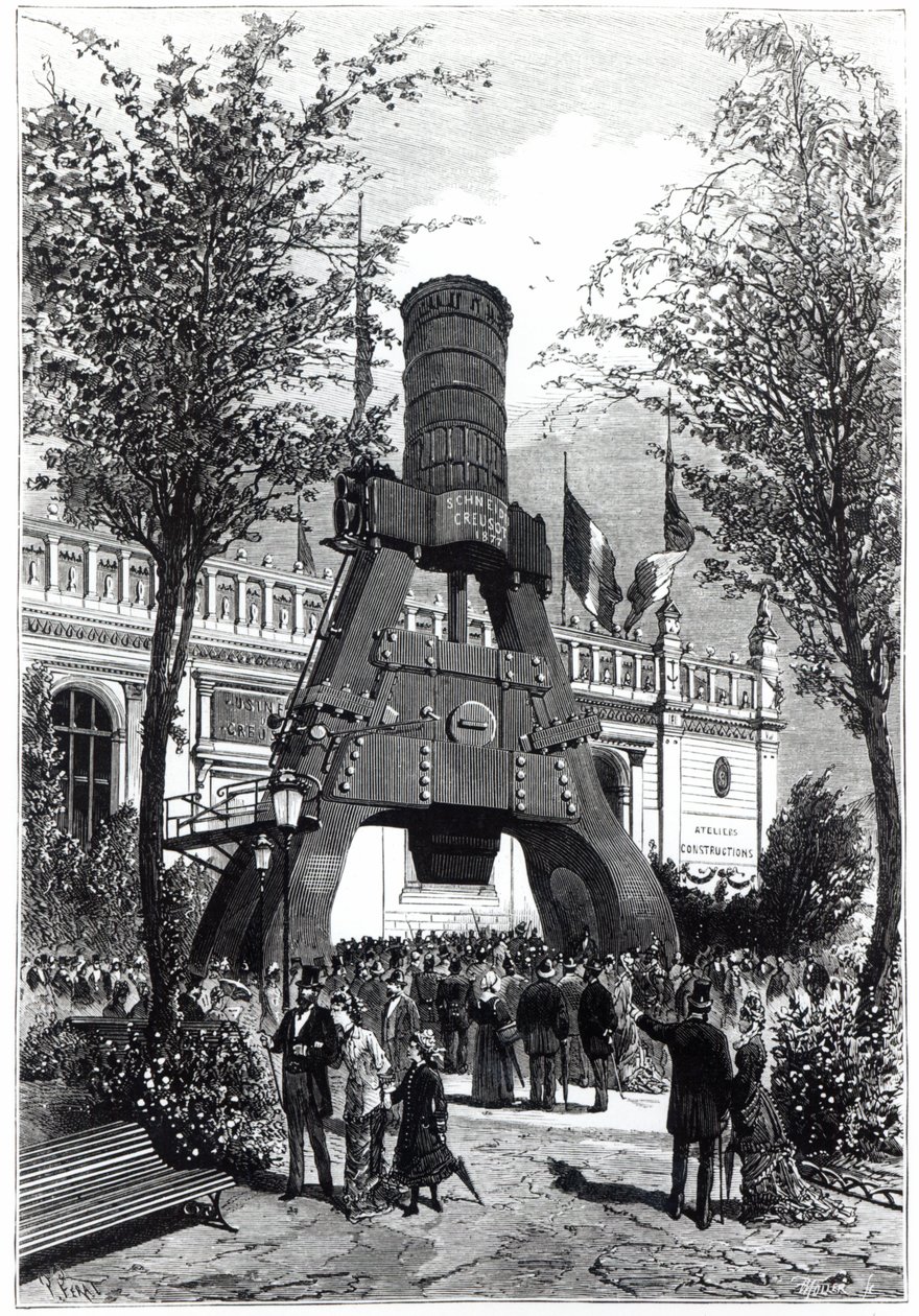 Maailmanlaajuinen näyttely Pariisissa vuonna 1878: Le Creusot Power -vasara Champs-de-Marsissa, 1878 tekijältä P. Ferat