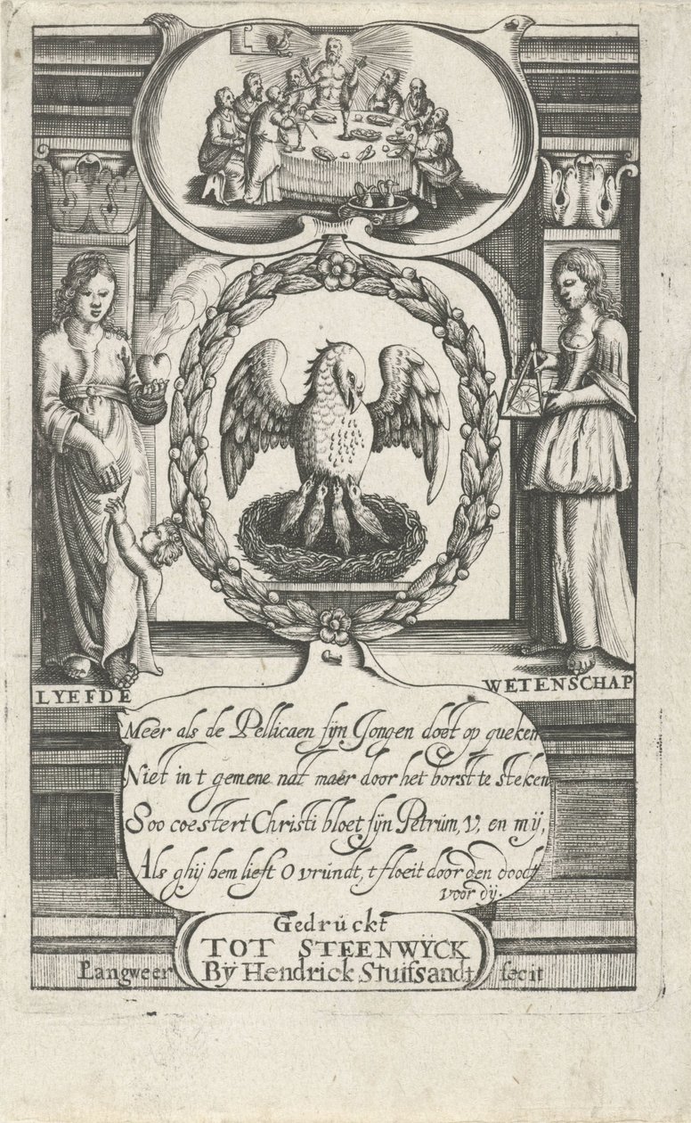 Pelikaani ruokkii poikasiaan omalla verellään Nimisivu: D. van Baardt, Tapytje der Geestelijcke ende wereldtlijcke Lordship, 1661 tekijältä P. Langweer