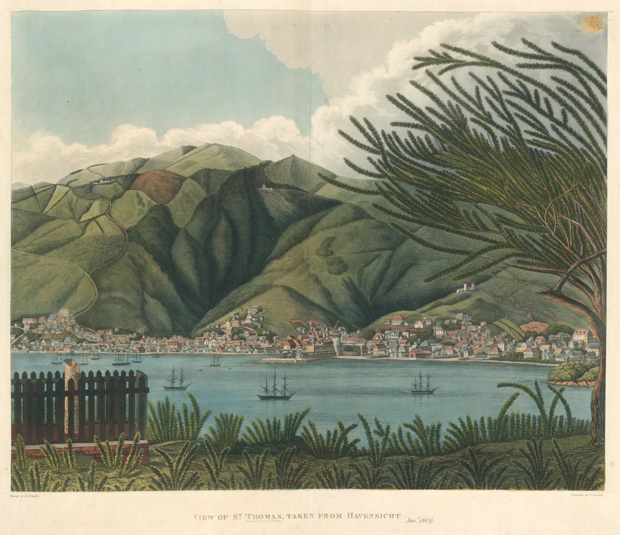 Vista de Sant Tomàs, presa de Havensicht, 18 de gener, litografia de Joseph Constantine Stadler (fl.1780-1812)finès tekijältä P. M. (after) Vieillot