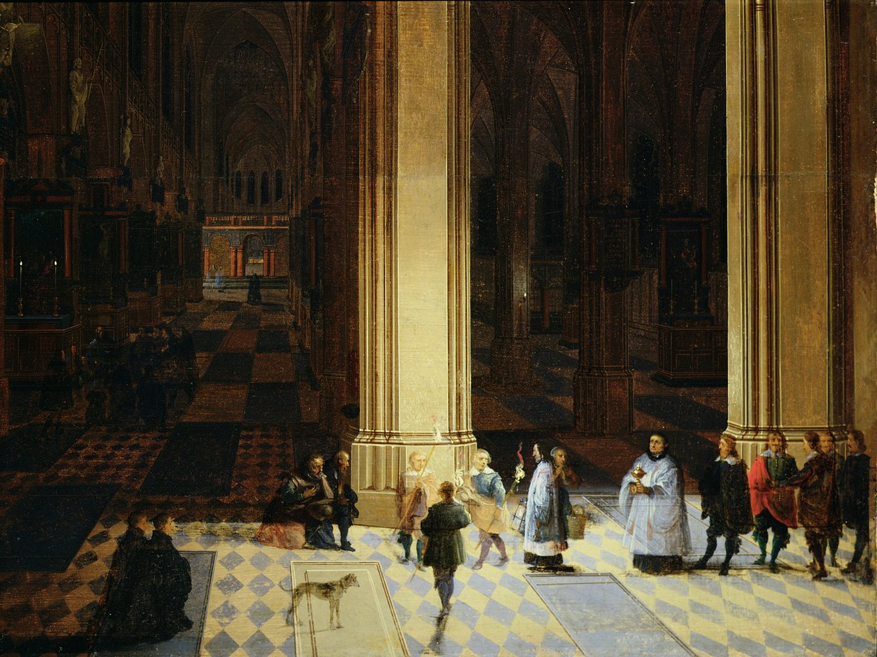Antwerpenin katedraalin sisätilat yöllä, 1600-luvun puoliväli (öljy paneelille). tekijältä P. the Elder & P. the Younger (1620 75) Neeffs