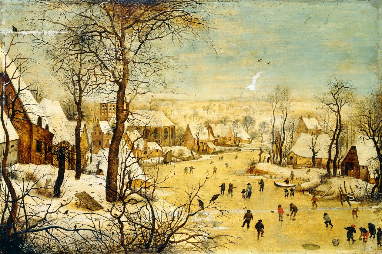 Kylä talvella lintuloukun ja luistelijoiden kanssa jäätyneellä vesiväylällä, tekijältä P. the Younger Brueghel