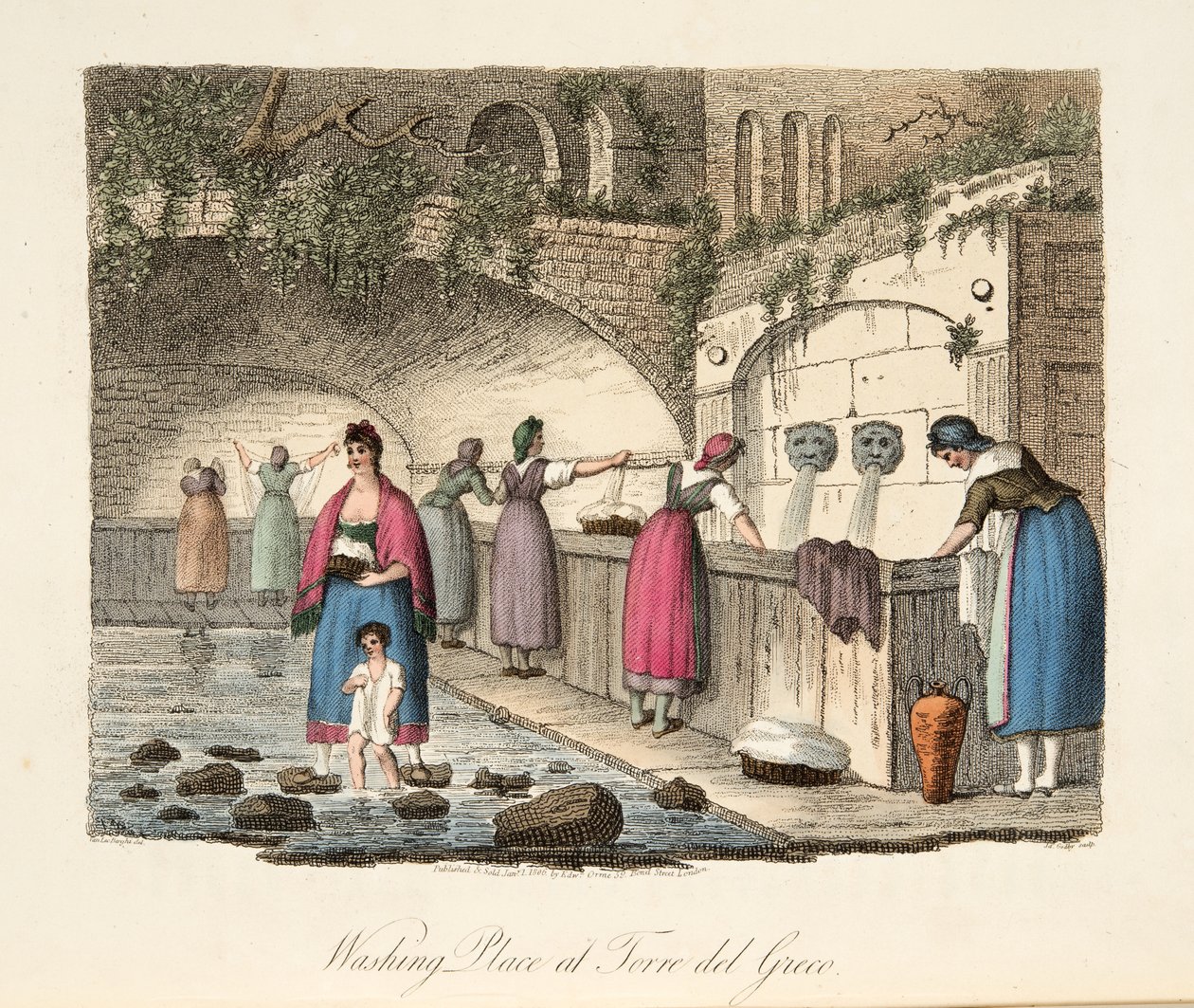 Pesupaikka Torre del Grecossa, Italian maisemista, joka edustaa Italian eri valtioiden tapoja, tapoja ja huvituksia, pubi. 1806 (käsinvärinen kaiverrus) tekijältä P. van (after) Lerberghi